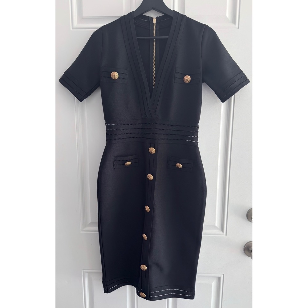 Black Bandage Bodycon Dress Gold Lion‎ Buttons V-Neck, L (see description)